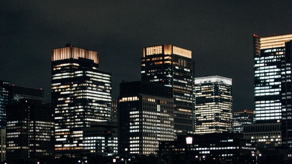 Night City Building Reflection Wallpaper