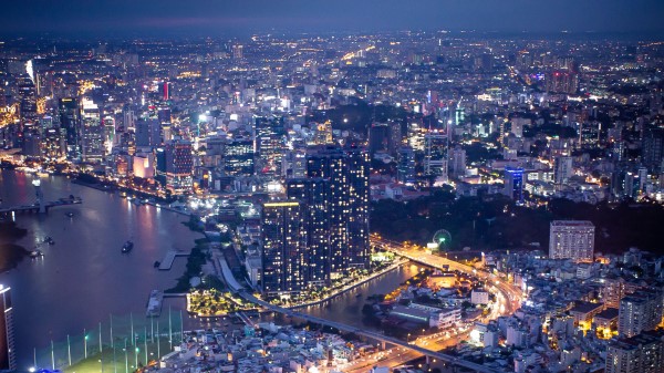 Night City Buildings River wallpaper