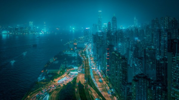 Night City Fog Aerial View Wallpaper