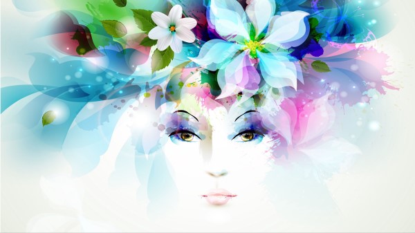 Art Girl Eyes Flowers Petals Butterfly Leaves Spray wallpaper
