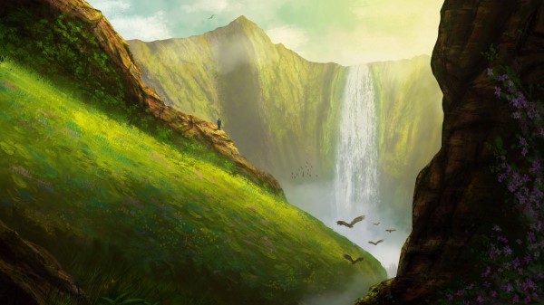 Waterfall Birds Rocks Wallpaper