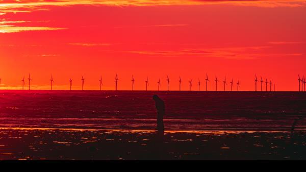 Silhouette Wind Turbines Sunset Wallpaper
