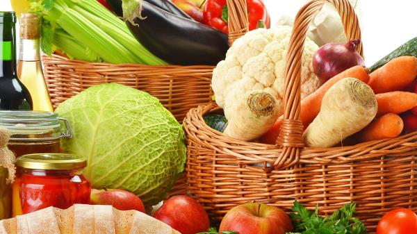 Baskets Vegetables Fruit Bread Tomatoes Peppers Mushrooms Wallpaper