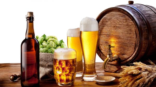 Beer Keg Kuhol Bottle Foam Hops Barley Composition White Background Wallpaper
