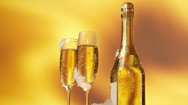 Bottle Wine Glasses Champagne Snow Golden Background Wallpaper