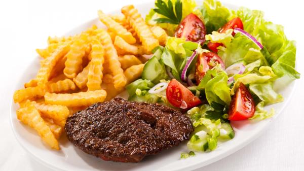 Burger Fries Salad Plate Vegetables White Background Wallpaper