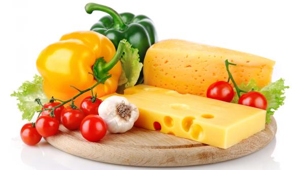 Cheeses Vegetables Pepper Plate White Background Tomatoes Wallpaper