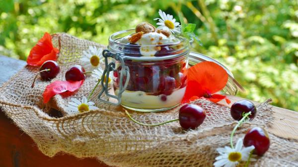 Cherry Dessert Cherry Cream Yoghurt Wallpaper