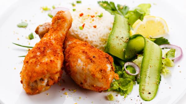 Chicken Legs Dishes Rice Vegetables Plate Cucumbers Wallpaper