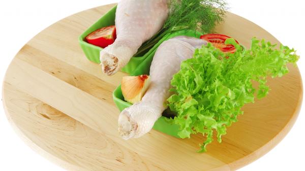 Chicken Legs Meat Greens Vegetables Small Board White Background Wallpaper