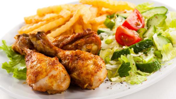 Chicken Legs Potatoes Salad Plate Cucumbers Tomatoes Wallpaper