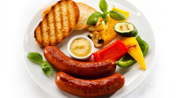 Sausage Mustard Vegetables Toast Plate White Background wallpaper