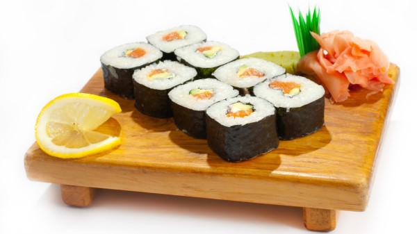 Sushi Tablet Lemon Meat White Background Wallpaper