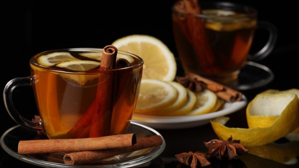 Tea Cup Cinnamon Lemon Black Background Wallpaper