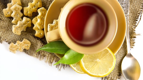 Tea Cup Lemon Cookies Spoon Cloth White Background Wallpaper