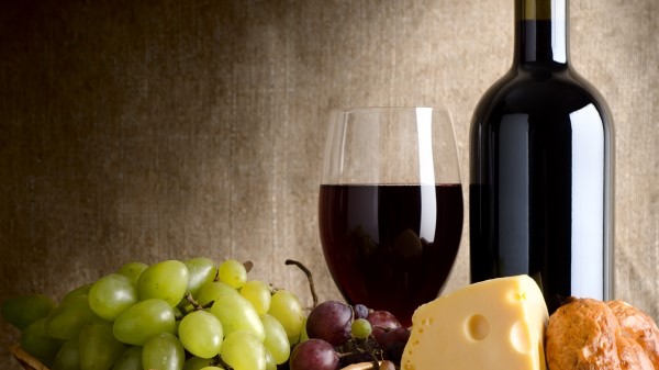 Wine Cheese Grapes Sausage Pastries Composition Wallpaper