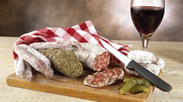 Wine Glass Sausages Board Knife Cucumbers Composition Wallpaper