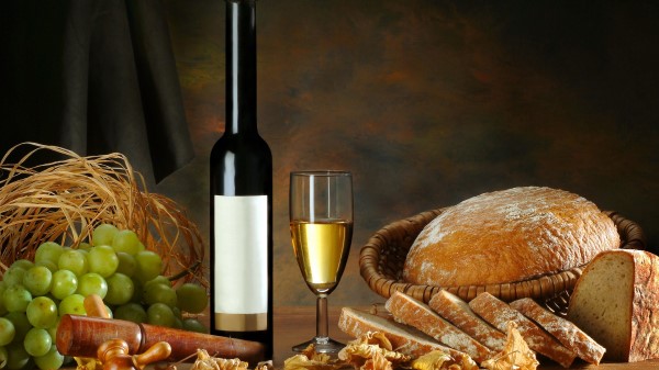 Wine White Glass Bottle Bread Grapes Leaves Wallpaper