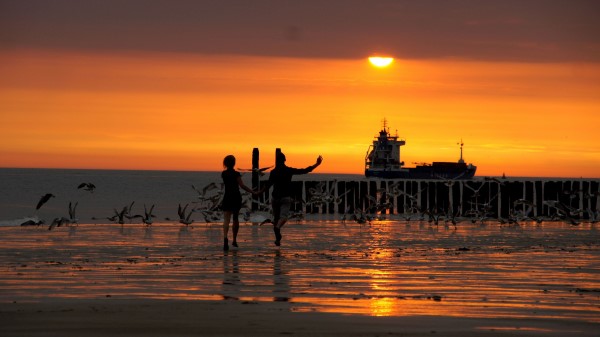 Beach Promenade Bridge Sea Sunset Waves Children Bird wallpaper