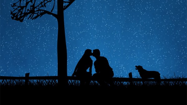 Couple Silhouettes Kiss Dog Starry Sky Tree Wallpaper
