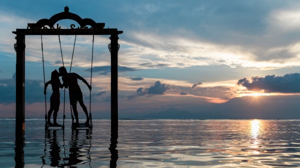 Couple Swing Sea Romance Sunset Silhouettes Wallpaper