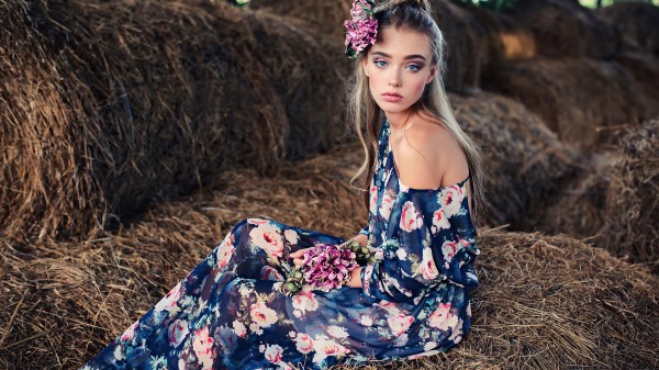 Blue Eyes Brunette Girl With Flower On Head 4k Iw wallpaper