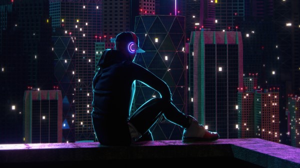 Boy Sitting On Rooftop Neon Lights H6 wallpaper