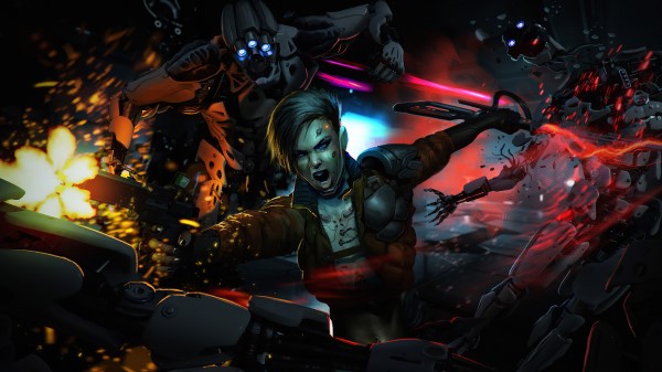 Cyberpunk Girl Destroying Cyborgs wallpaper
